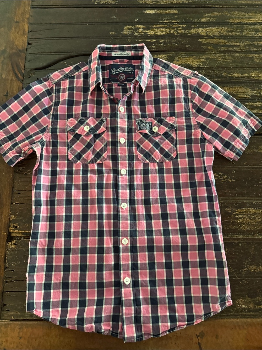 Superdry Pink & Navy Plaid Short-Sleeve Button-Down Shirt